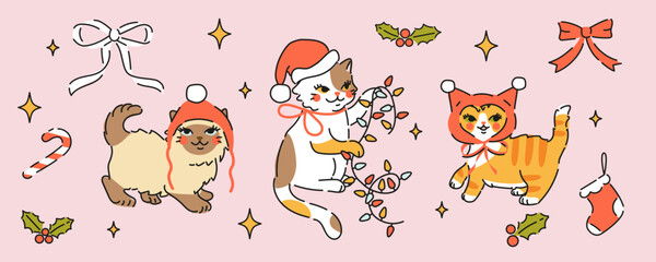 Set of Cute Christmas fluffy cats in Santa hats. Hand drawn vector illustration in vintage style. Funny retro pet character elements template. Holiday xmas card.