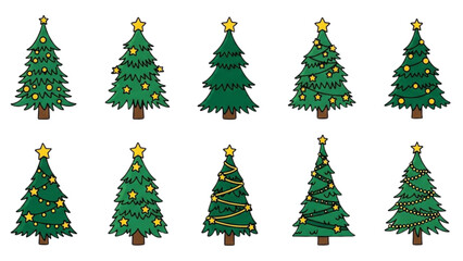 A collection of ten hand-drawn cartoon Christmas tree illustrations for festive holiday designs