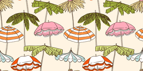 Obraz premium Seamless pattern with beach umbrellas.Tropical palm tree leaves parasols. Hand drawn ink vector illustration.Elements for poster, social media, banners, invitation.Trendy coastal summer sketch.