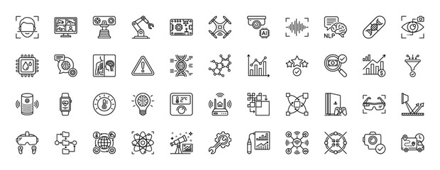 Fototapeta premium Technology and science line icon set. Vector pictograms of face recognition, robotics, ai chip, drone, dna, and virtual reality, thin linear illustration.