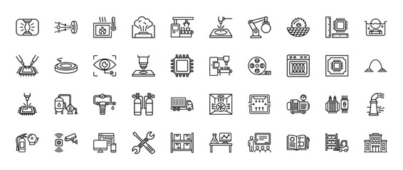 Industrial manufacturing and semiconductor technology line icon set. Vector pictograms of laser, factory, robot, chip, and logistics, thin linear illustration.