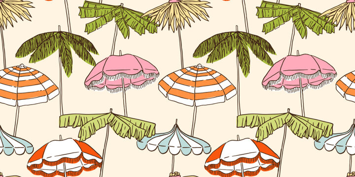 Seamless pattern with beach umbrellas.Tropical palm tree leaves parasols. Hand drawn ink vector illustration.Elements for poster, social media, banners, invitation.Trendy coastal summer sketch.