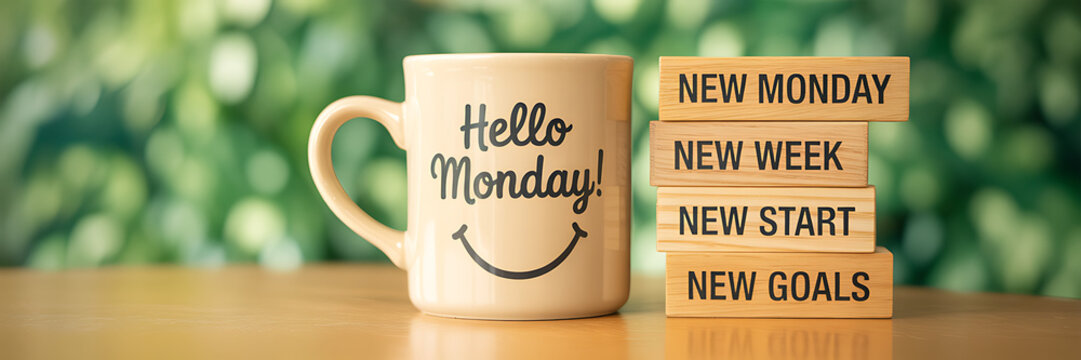 Hello Monday coffee mug paired with new goals wooden blocks makes an inspirational start to the week, perfect for motivation and planning