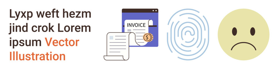 Fototapeta premium Finance, security, emotion, verification, identity, online payment. A digital invoice, a fingerprint icon and an unhappy face. Finance and security concepts with an emphasis on payment and digital