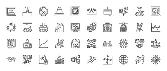 Fototapeta premium Semiconductor manufacturing line icon set. Vector pictograms of wafer processing, cleanroom, etching, and technology concepts, thin linear illustration.