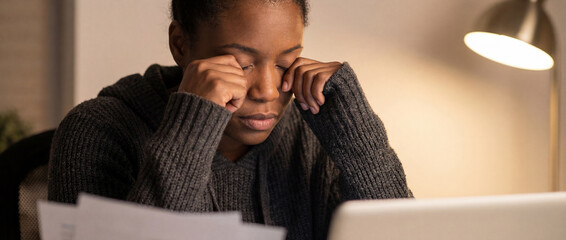 Tired woman rubbing eyes while working late on laptop at desk with documents and lamp in dim home office environment