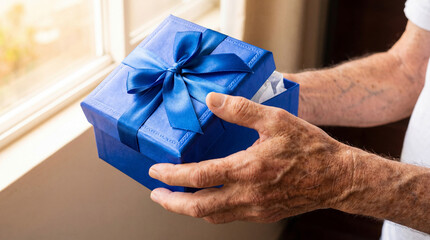 senior man holding elegant blue gift box with ribbon near sunlit window, celebrating special occasion with thoughtful surprise