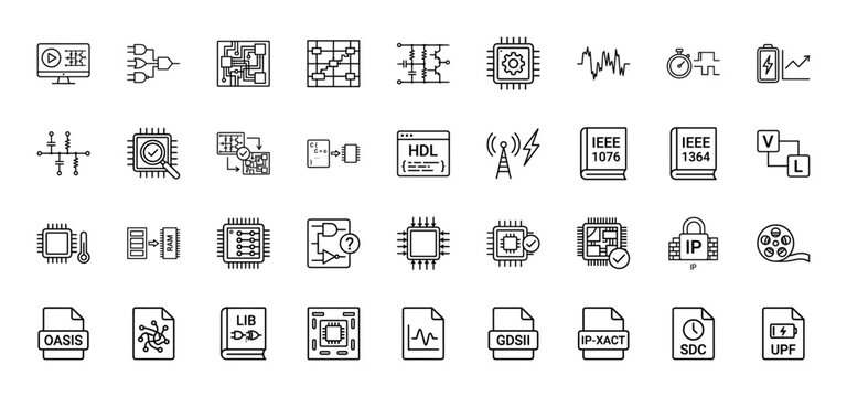 Electronic design automation (eda) line icon set. vector pictograms of chip, circuit, hdl, timing, and file formats, thin linear illustration.