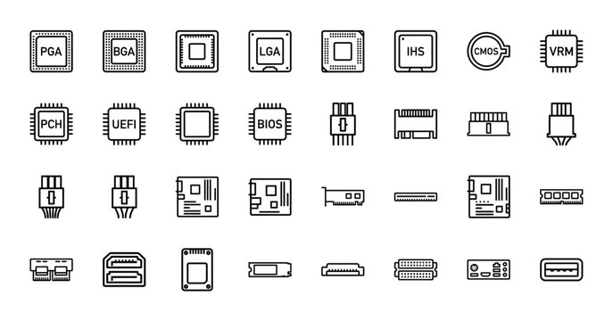 Computer hardware components line icon set. Vector pictograms of CPU sockets, motherboard interfaces, and memory modules, thin linear illustration.