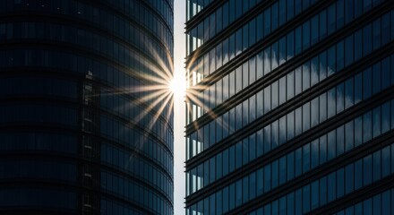 Sunburst Reflection on Modern Glass Skyscraper Facade, Abstract Financial Corporate Architecture