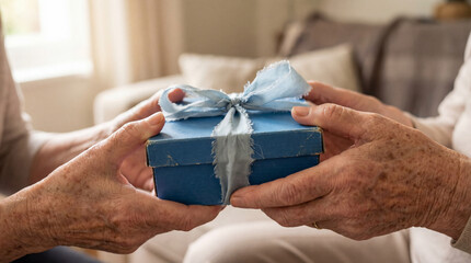 Elderly hands exchanging a blue gift box with ribbon while sitting together indoors, symbolizing care, gratitude, and meaningful connection