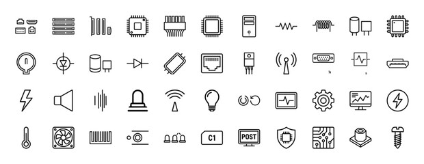 Electronics and components line icon set. Vector pictograms of microchips, resistors, capacitors, and connectors, thin linear illustration.