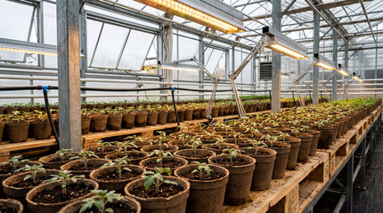 Young seedlings growing in biodegradable pots on wooden shelves under warm artificial lights inside a modern greenhouse interior