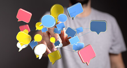 Hand interacting with digital speech bubbles. Concept of communication, connection, and social media.