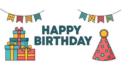 Cheerful Happy Birthday banner design with colorful gifts, party hat, and vibrant bunting flags