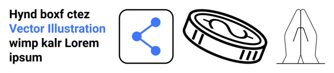 Technology, finance, connection, religion, worship, spirituality. Blue network sharing icon, outlined coin hands in prayer. Technology and finance concepts illustrated together