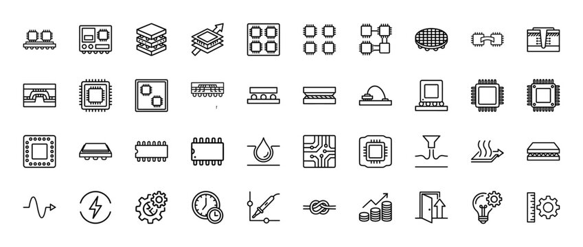 Semiconductor production line icon set. Vector pictograms of microchip, circuit, wafer, processor, soldering, electronics, cpu, engineering, thin linear illustration.