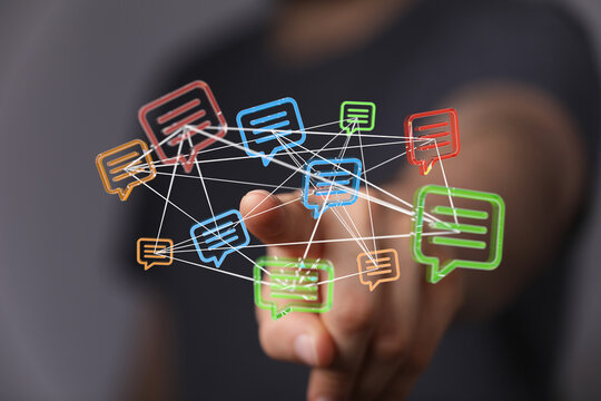 Digital connection, cloud computing, social media, network communication and global interaction.