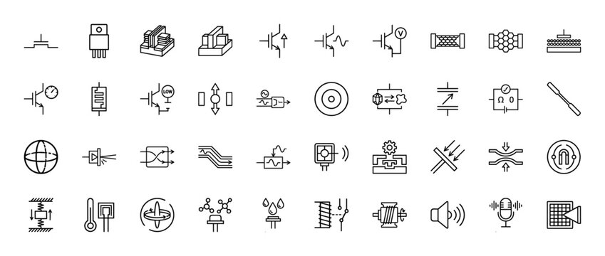 Electronic and sensory device line icon set. Vector pictograms of transistor, sensor, resistor, actuator, and transducer elements, thin linear illustration.