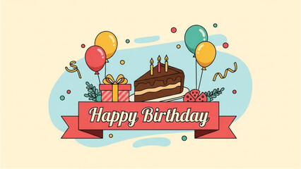 Obraz premium Festive Birthday Cake Illustration Balloons, Presents, and a Celebration Banner