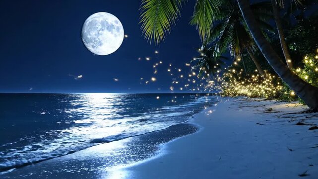 Under a beautiful full moon, a serene beach sparkles as fireflies dance above the calm waves. The softly lapping water creates a peaceful atmosphere, inviting calm and reflection.