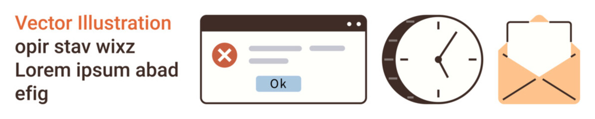 Digital systems, productivity, communication, time management, scheduling, notifications. Includes error message popup, clock icon mail envelope. Productivity and communication concept