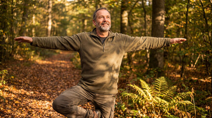 Middle aged man balances in yoga tree pose in an autumn forest, practicing mindfulness and wellness surrounded by golden foliage