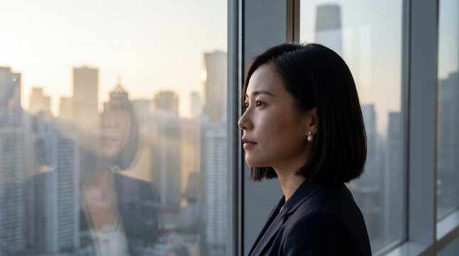 Confident asian businesswoman gazing out office window reflecting on urban skyline during sunrise in modern city