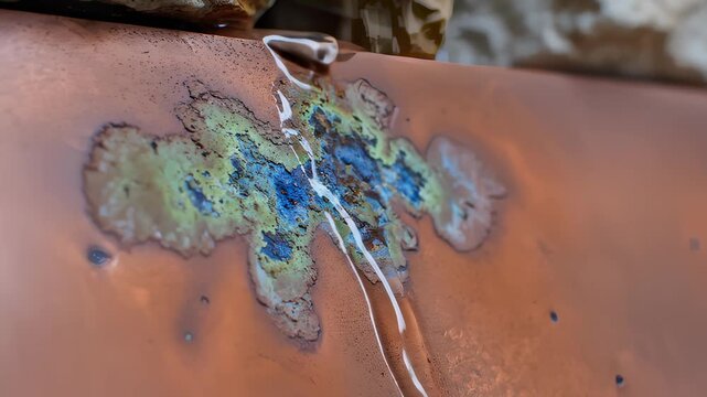 Water Dripping From Leaky Copper Gutter With Weathered Patina