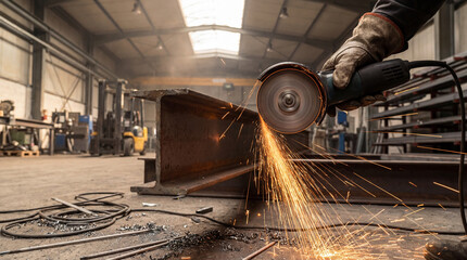 Worker cutting large steel beam with electric grinder, generating bright sparks inside modern industrial metal fabrication facility