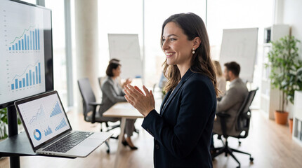 Businesswoman presenting financial growth analysis in modern office, smiling at colleagues during team meeting with data charts