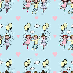 Seamless pattern with happy kids and balloons. Vector illustration.