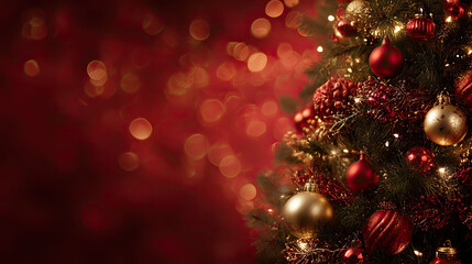 Christmas tree adorned with golden and red ornaments against blurred dark red background, festive warm atmosphere with space for text, ideal holiday banner design.