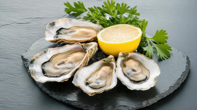 Fresh oyster half shell with lemon wedge and parsley slate shell seafood presentation and indulgence