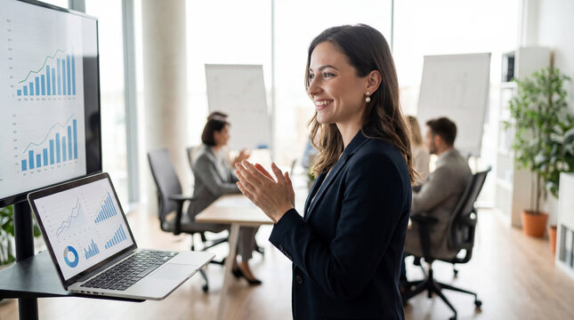 Businesswoman presenting financial growth analysis in modern office, smiling at colleagues during team meeting with data charts - Powered by Adobe