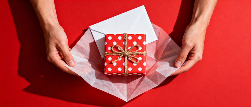 Hands carefully wrapping a small red polka dot gift box with twine bow and white envelope on vibrant red background - Powered by Adobe