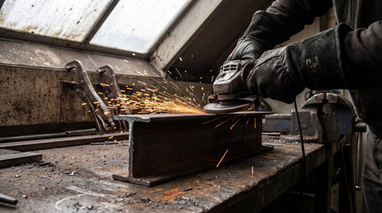 Industrial worker using angle grinder on steel beam in workshop with safety gloves, creating flying sparks and metal debris