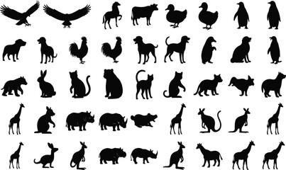 Collection of black animal silhouettes on white background eagle hawk 1
