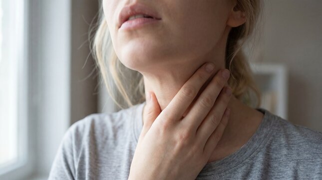 Unwell young woman touching her sore throat, feeling pain and discomfort