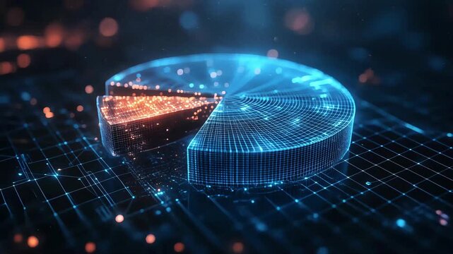 This animation features an abstract, wireframe pie chart representing data or statistics. The modern technology is visualized with connected poly lines and a futuristic design