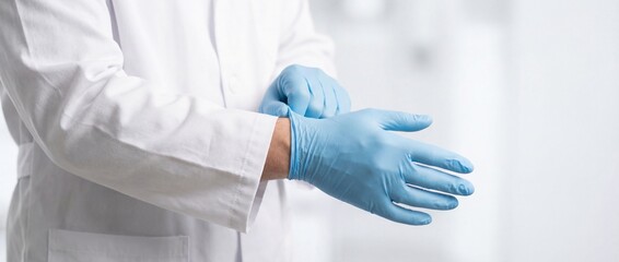 Close up of a doctor's hands in a white coat putting on blue protective medical gloves in a hospital