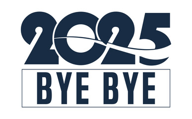 Modern “bye bye” typography logo in bold navy blue with dynamic swoosh line, isolated on white background, ideal for New Year events, business presentations, and futuristic branding designs.