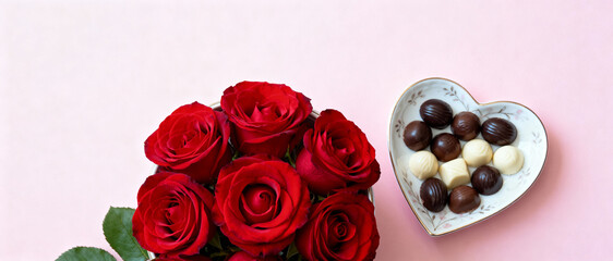 Red roses bouquet with assorted chocolate candies in heart shaped bowl on pastel pink background for romantic celebration