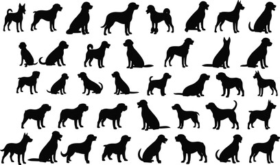Collection of Black Dog Silhouettes in Various Poses and Breeds canine animal