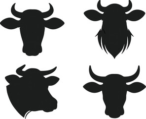 Four black cow head silhouettes on white background cattle bull