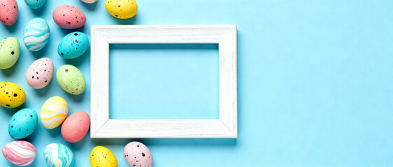 Colorful speckled easter eggs arranged beside empty white wooden frame on pastel blue background with space for text