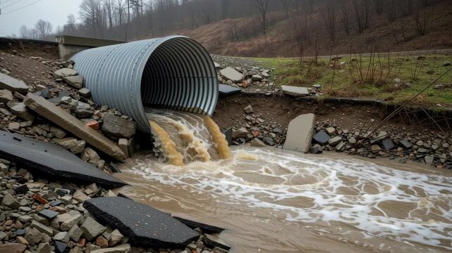 Corrugated culvert stormwater runoff pouring into muddy channel pipe drainage erosion water channel showing clean environment sustainability nature fresh health drink resource purity access