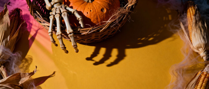 Skeleton hand resting on a wicker basket with pumpkins and dried corn on a yellow background for halloween autumn decor