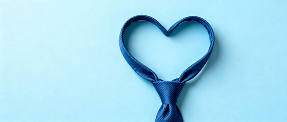 Blue necktie creatively shaped into a heart symbol on a soft pastel background, expressing love, care, and elegant