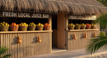 Tropical juice bar hut with assorted fresh fruits in woven baskets on bamboo counters under thatched roof at sunny outdoor location